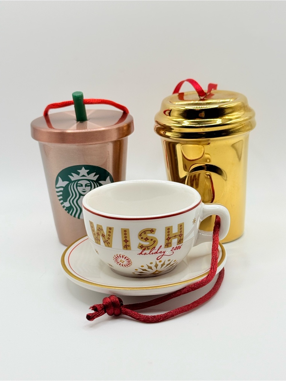 Starbucks Rose Gold Tumbler, Gold Cup & White Holiday Teacup Ornament Set